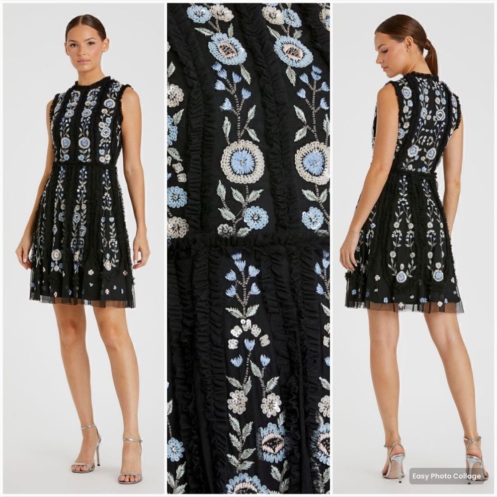 Mac Duggal 9135 Womens Black Sleeveless High Neck Embroidered Mini Dress